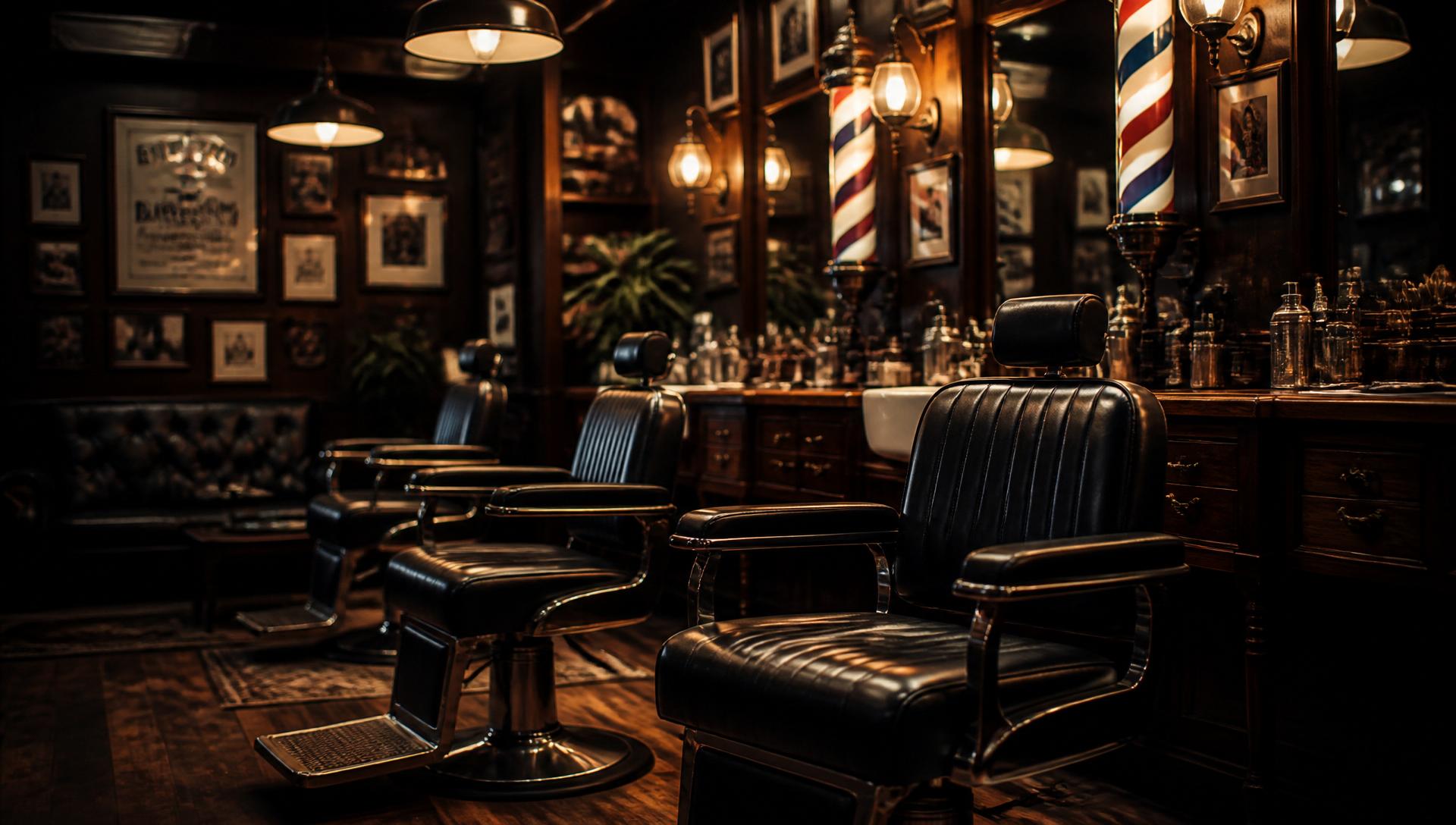 Master Barbershop interior with vintage leather chairs and warm lighting