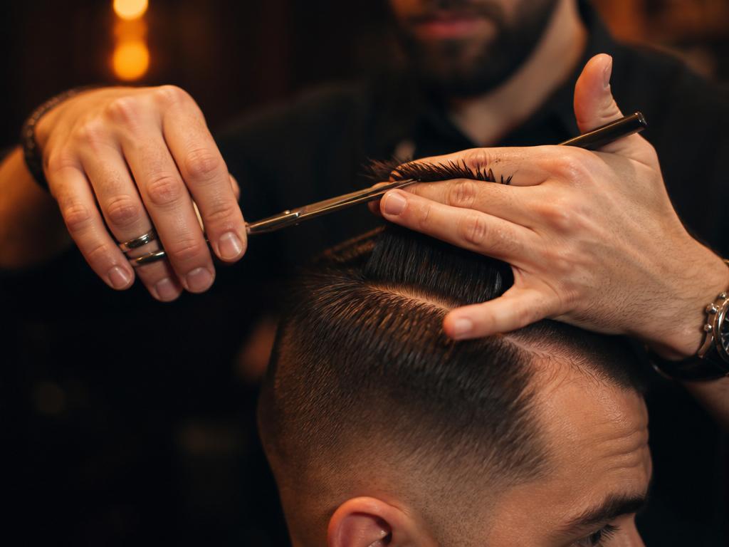 Barber giving a precise haircut with scissors